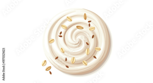 A creamy white swirl of yogurt is garnished with scattered oat flakes and flax seeds, viewed from directly above.