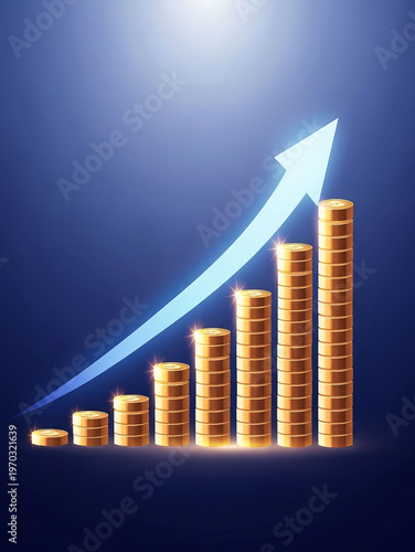 Increasing stacks of gold coins with a rising blue arrow