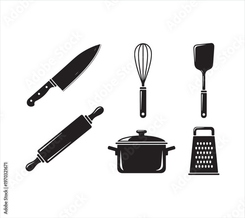Kitchen utensils and tools for cooking and food preparation on white background