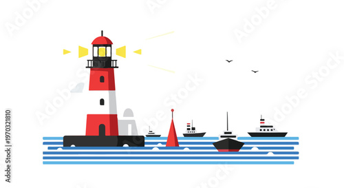 A flat vector illustration of a lighthouse near the harbor guiding ships at the port entrance, featuring minimal geometric shapes, a maritime navigation concept, and a white background.