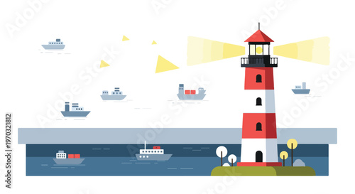 Flat vector illustration of a lighthouse near the harbor guiding ships at the port entrance, minimal geometric shapes, maritime navigation concept, white background