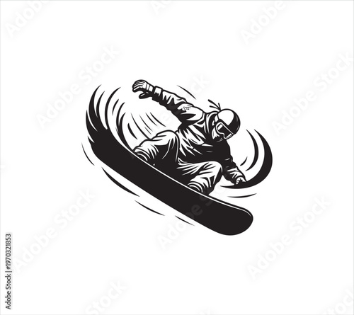 Man snowboarder in motion isolated on white background performing tricks