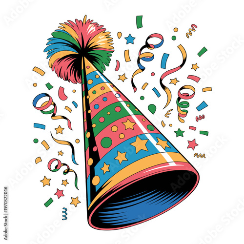 Party hat illustration with confetti, streamers, and vibrant colors.