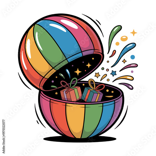 A vivid illustration of a colorful spherical container bursting with joy.