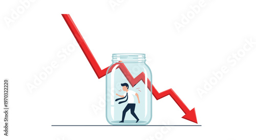 A distressed businessman is trapped inside a glass jar with a large red downward-pointing arrow piercing it.