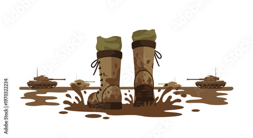 A pair of muddy brown military boots stands in a mud splash with four tanks in the background.