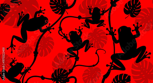 Seamless Pattern of Silhouetted Frogs on Red Background with Tropical Leaves.