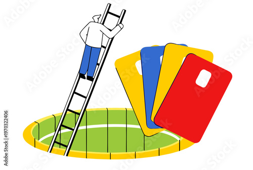 Man climbing ladder out of a hole with credit cards, representing personal finance, credit card debt repayment, financial behavior. Flat vector illustration