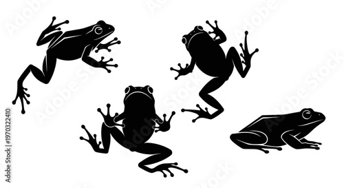 Set of Black Silhouettes of Frogs in Various Poses.