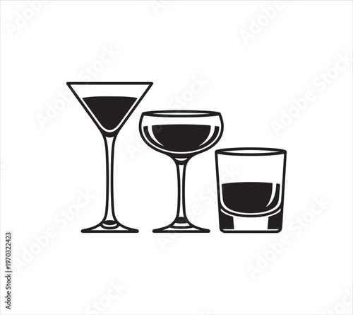 Three glasses of wine or alcohol on white background  drinks icons