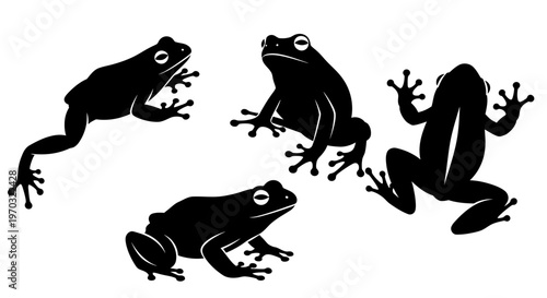 Set of Four Black Frog Silhouettes in Different Poses.