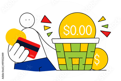 Man cutting a rope with scissors symbolizing cancellation of mobile app subscription on smartphone. Hidden costs. Personal finance. Vector illustration