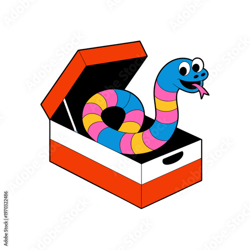 A colorful cartoon snake emerges from a shoebox.