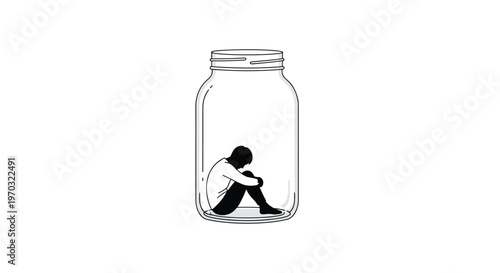 A solitary figure sits curled up in a fetal position at the bottom of a clear glass jar.