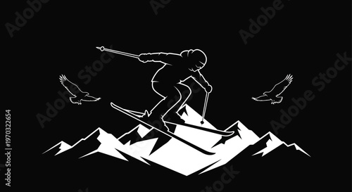 Silhouette of a skier mid-air above snowy mountains with eagles flying.