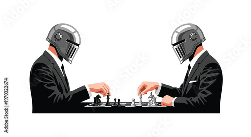 Two helmeted businessmen in dark suits are playing chess on a small board, facing each other on a white background.