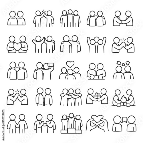 Illustrations of friendship and teamwork: line art icons.
