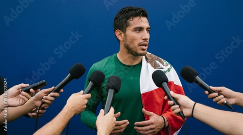Mexican soccer player speaking to reporters with flag draped over shoulders