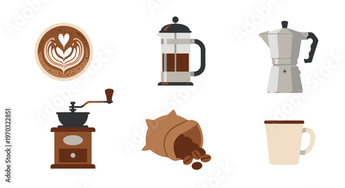 Coffee preparation set illustration with various equipment and beans on white background