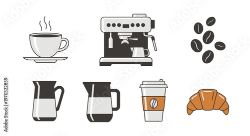 Coffee and breakfast icons cup espresso machine beans and croissant