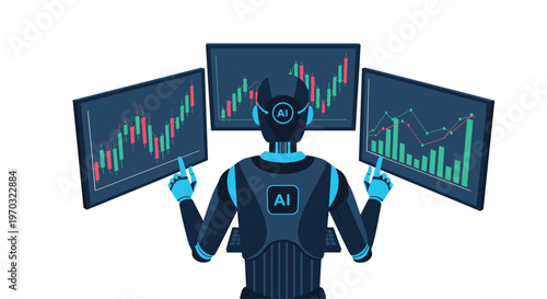 A dark blue robot with an AI logo on its back is sitting at a desk and interacting with three large monitors displaying financial charts.