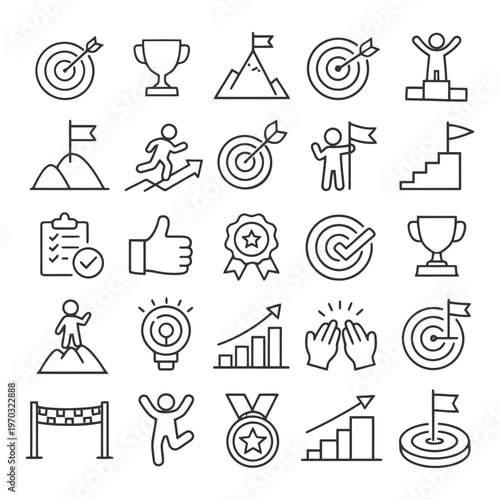 Achievement and success icons featuring goals, trophies, and triumph.