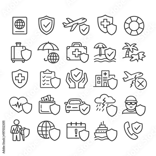 Travel and health insurance line icons with airplane and medical symbols.