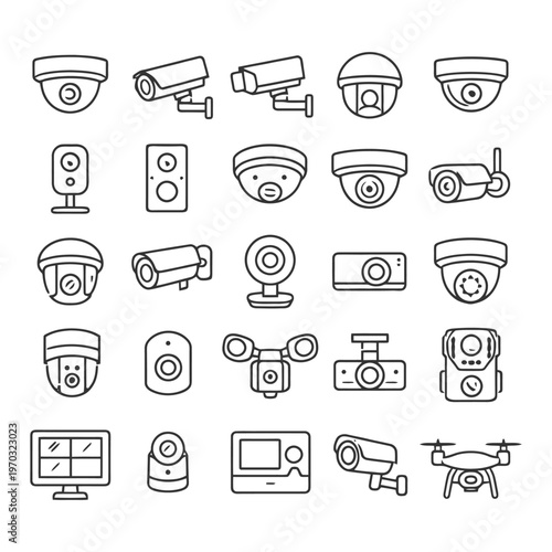 Security camera line icons set featuring various surveillance devices.