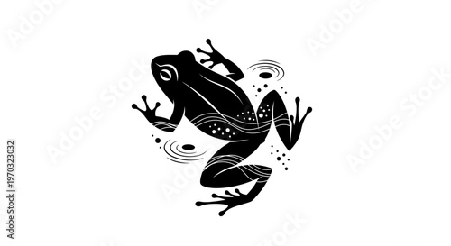 Stylized Black Frog Illustration with Water Ripples.