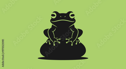 Stylized Black Frog Silhouette Sitting on a Green Background.