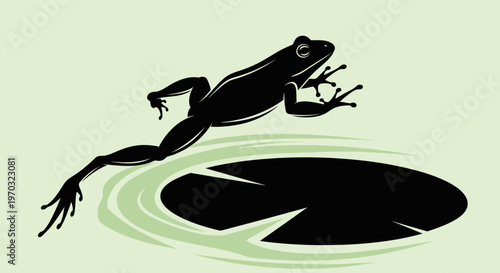 Silhouette of a frog jumping from a lily pad.