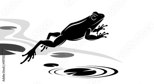 Silhouette of a frog jumping over lily pads in water.