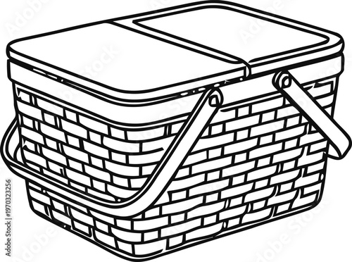 Classic wicker picnic basket line art illustration with handles