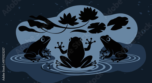 Three Frogs Silhouetted in a Pond at Night.
