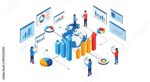 Isometric vector illustration showing a business startup team analyzing charts and graphs around a world globe, rendered with a clean design against a white background, conveying a concept