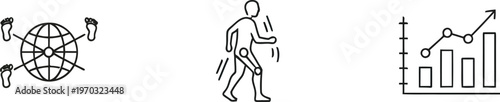 Biometric Gait Analysis and Prosthetic Rehabilitation Icon Set with Global Travel Footprints and Growth Chart Statistics for Health Tech and Medical Recovery Vector Illustration