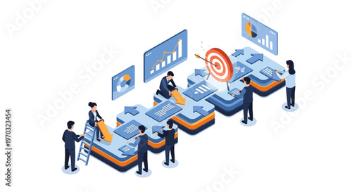 Isometric vector art depicts a startup discussion team planning a business strategy, collaborating on charts and icons to reach a target, set against a clean white background with vibrant