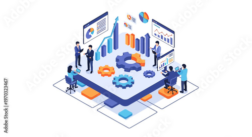 Isometric vector illustration of a startup discussion team planning a business strategy around a chart table with gears, rendered in a clean, modern style against a white background