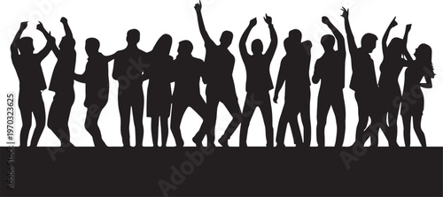 Diverse group of people dancing and celebrating in silhouette