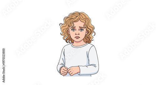 A sad girl with curly blonde hair and a white shirt stands with clasped hands on a white background.