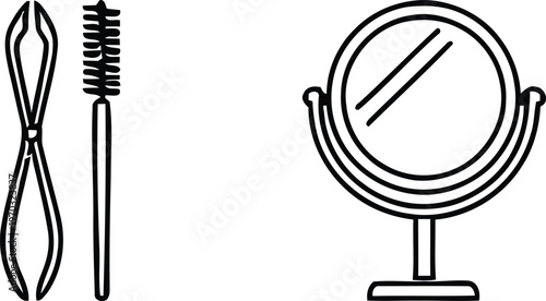 Beauty and Grooming Icon Set with Eyebrow Tweezers Spoolie Mascara Brush and Vanity Table Mirror