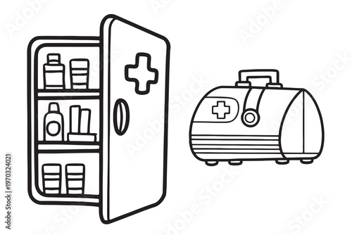 Medical cabinet and first aid kit illustration with medical supplies with health care with medicine cabinet
