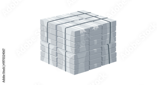 A large cube of grey bricks is tightly bound with straps on a white background.