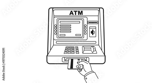 Atm transaction illustration hand inserting card into automated teller machine