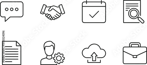 Business management icons set including handshake calendar briefcase cloud upload and document search for professional office workflow and corporate communication,