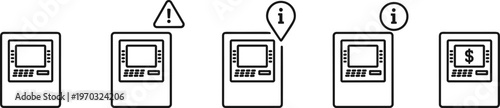 Automated teller machine ATM terminal icon set with maintenance alert info map pin and dollar currency symbols for banking services,