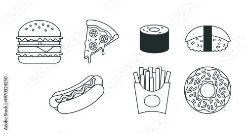 Assorted fast food illustration collection burger pizza sushi fries donut