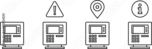 ATM banking terminal icons set featuring automated teller machines with location pin information sign and warning alert symbols for finance,