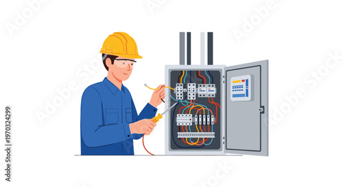 A male electrician in a hard hat and safety glasses works on an open electrical panel with colorful wires.