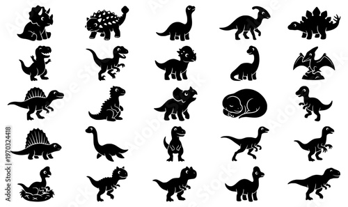 Collection of playful prehistoric animal silhouettes featuring diverse dinosaur species in various poses